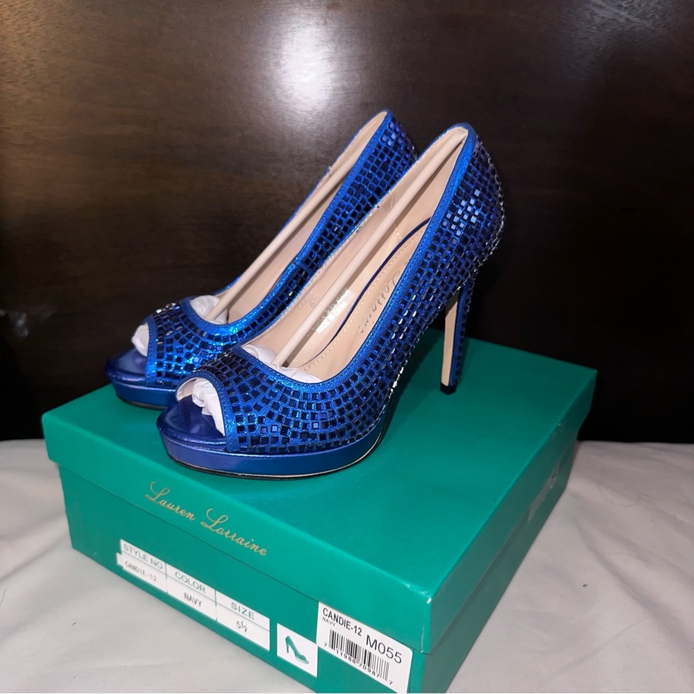 Lauren Lorraine Candie-12 Blue Crystal Embellished Peep Toe Platform size 5.5
